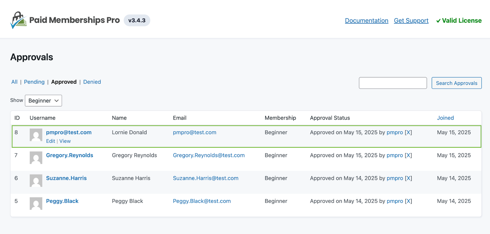Approvals screen in Paid Memberships Pro with a user approved for a membership level by an admin.