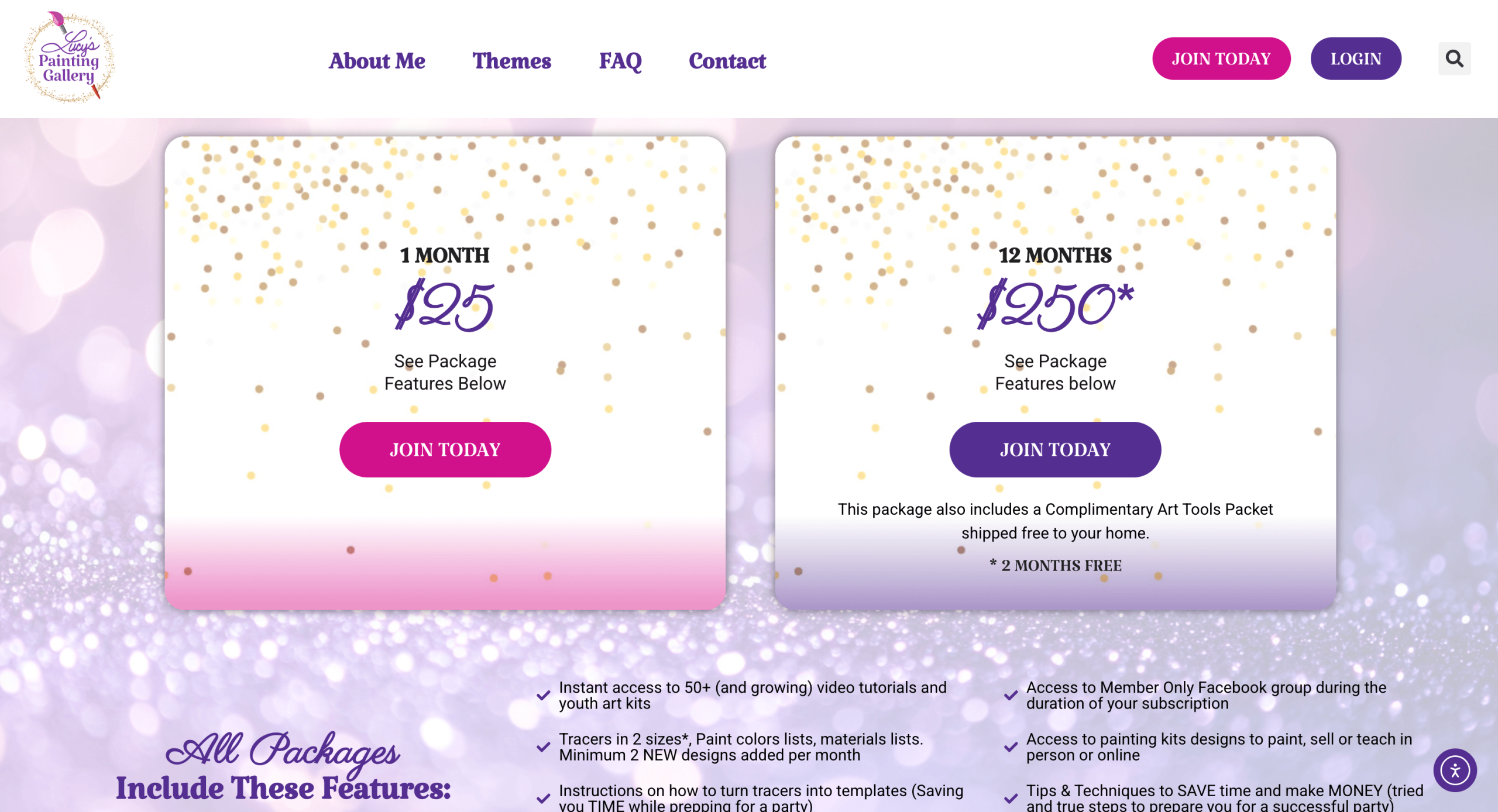 Screenshot of Lucy's Painting Gallery membership tiers