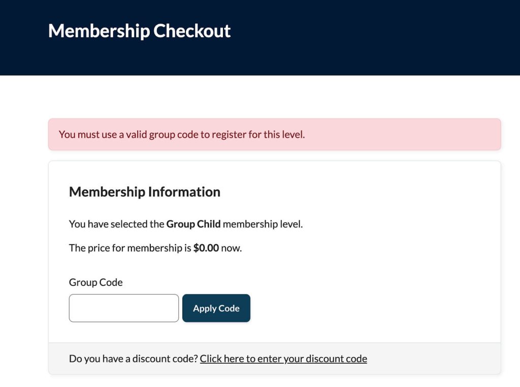 Screenshot of requiring a group account code for a specific membership level during checkout.