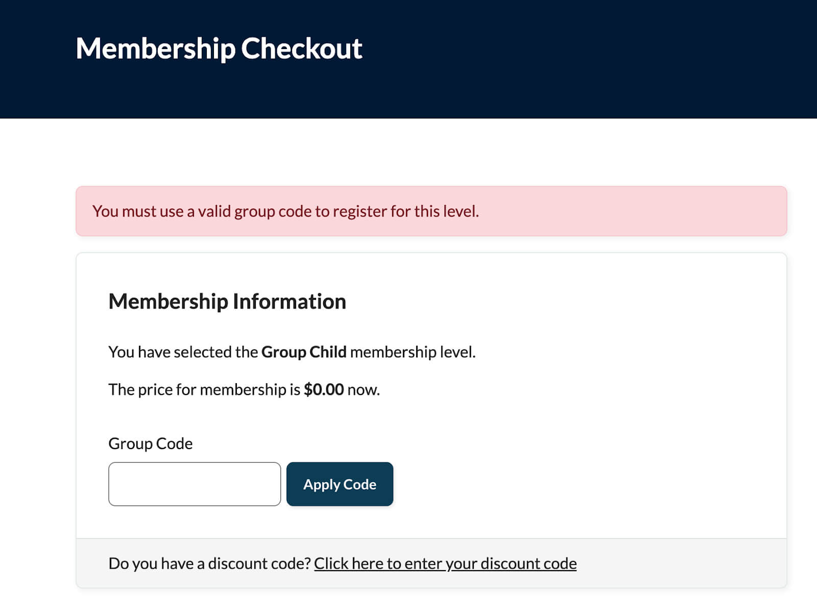 Require a Group Account Code to Register for a Membership Level