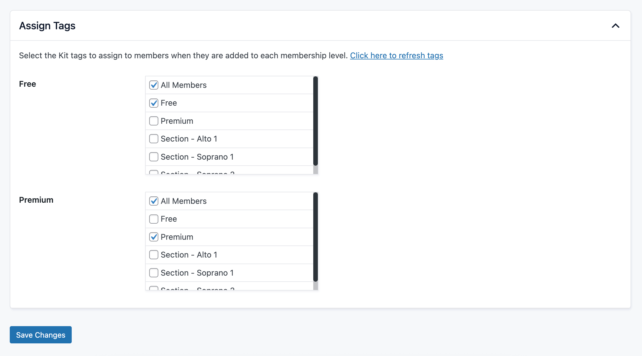 The Assign Tags section showing membership levels with tag checkbox lists