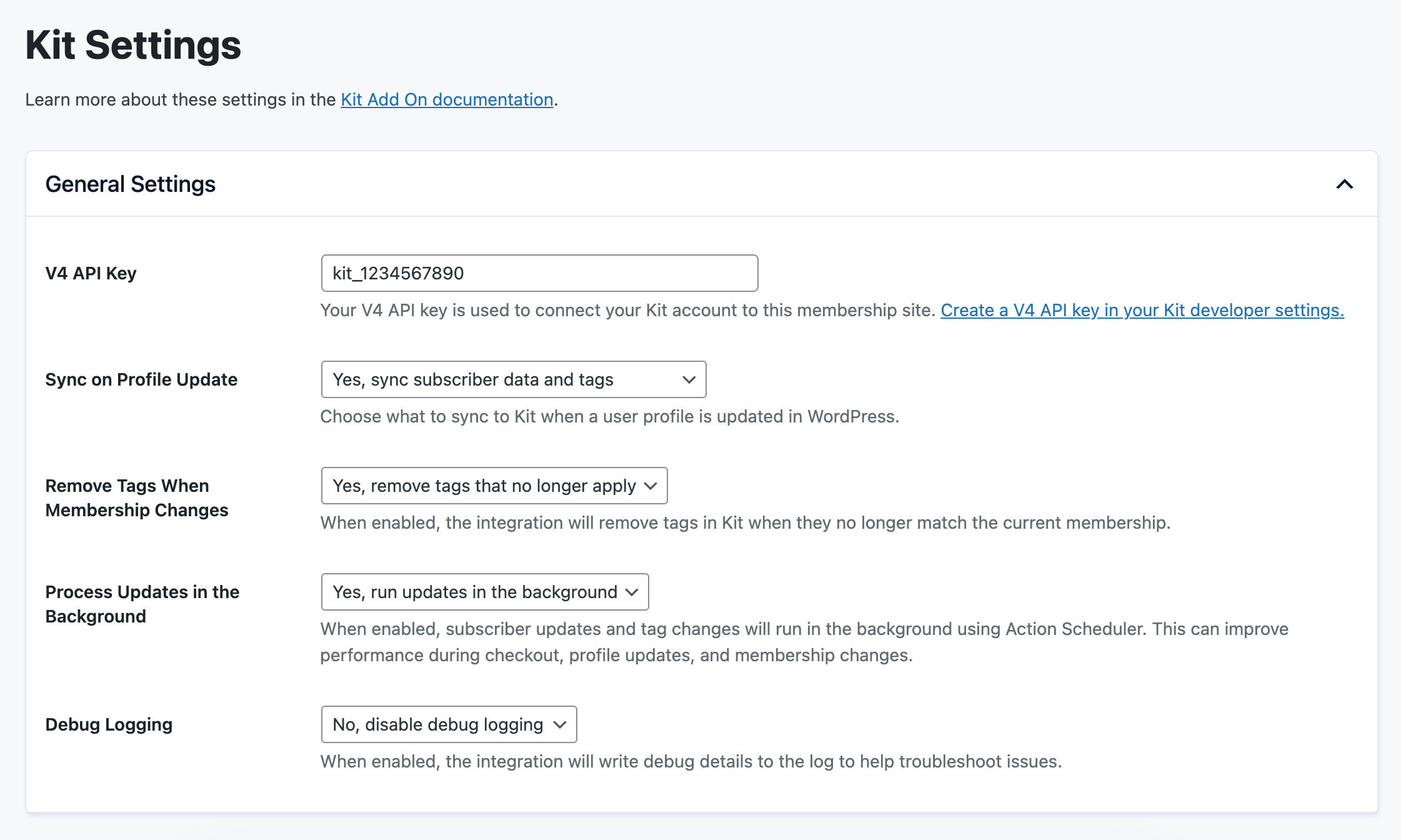 The PMPro Kit Settings page showing General Settings section with V4 API Key field and sync options