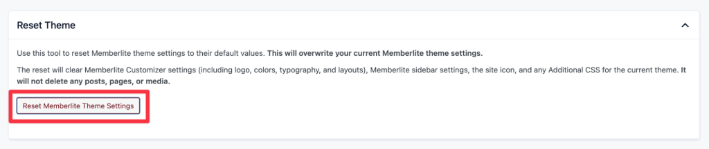 Screenshot of Memberlite Tools Reset Theme Settings option
