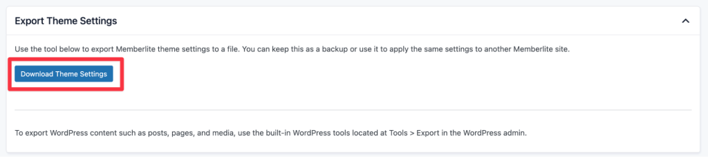 Screenshot of Memberlite Tools Export Theme Settings option