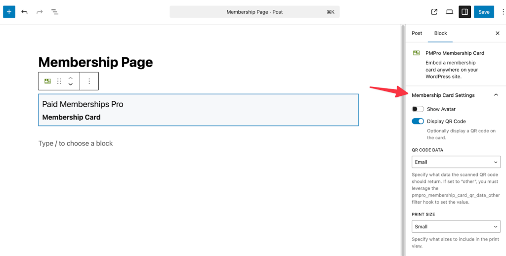 Membership Card Block Settings