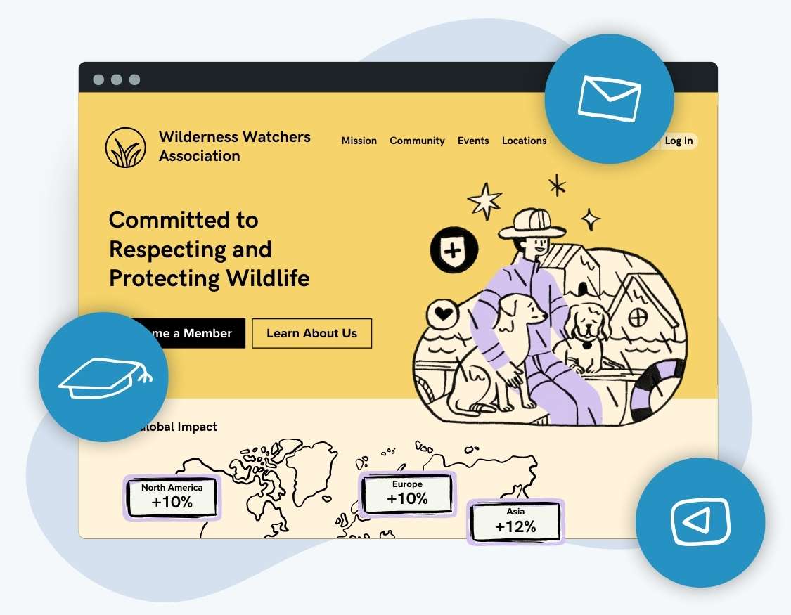Screenshot of a wildlife association website with icons for email, online leaning, and playing a video