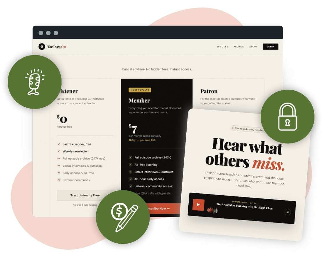 Screenshot of a podcast membership site with a sign up pricing table and subscribe button and icons for a microphone, pencil, and padlock.