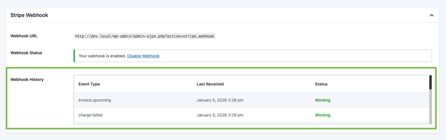 Screenshot of the PMPro Stripe Webhook settings panel with the “Webhook History” table highlighted in green, showing recent Stripe events such as invoice.upcoming and charge.failed, their last received dates, and a “Working” status.