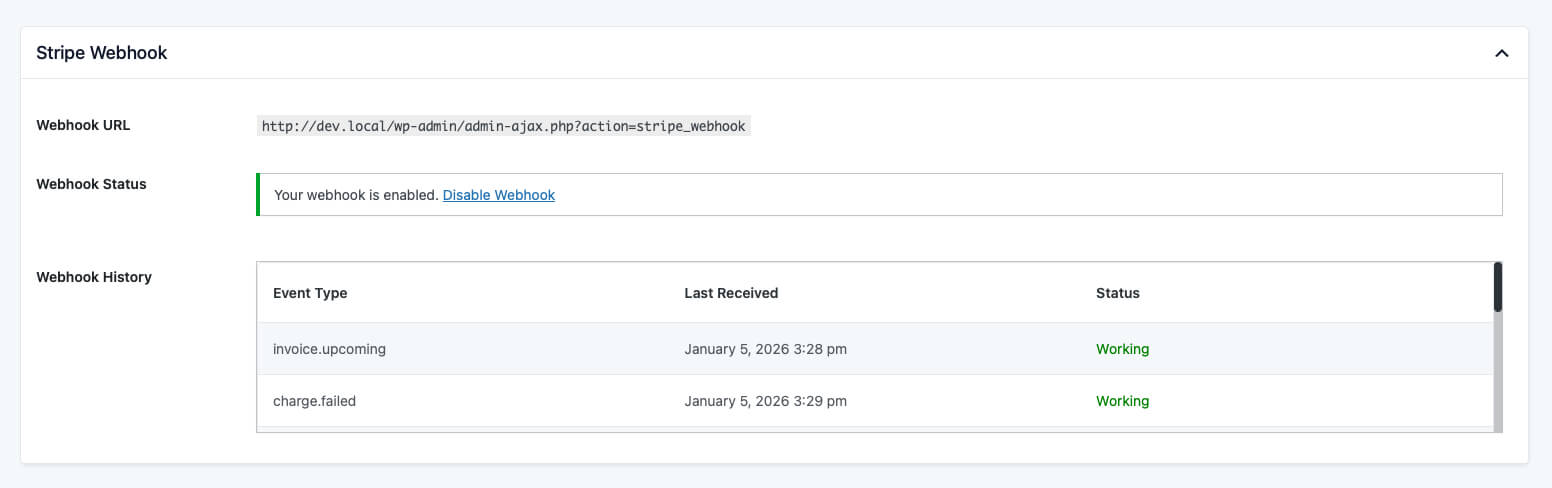 Screenshot of the PMPro Stripe Webhook settings panel showing the webhook URL, a status message reading “Your webhook is enabled,” and a webhook history table with recent events like invoice.upcoming and charge.failed marked as working.