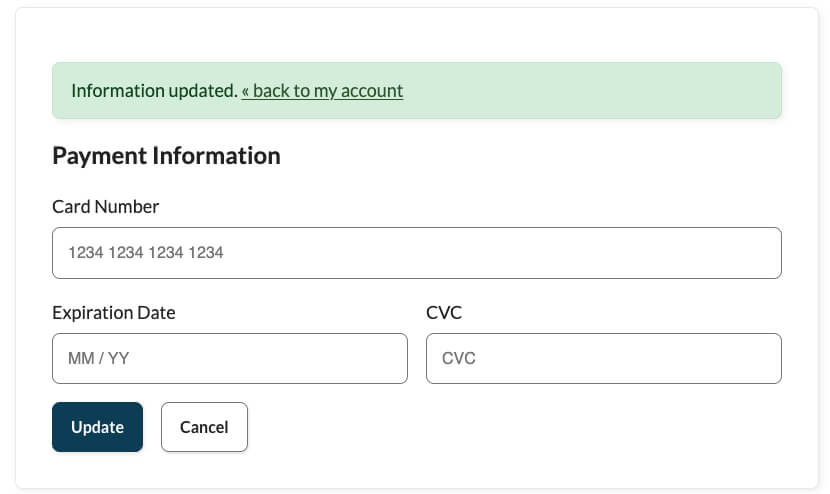 Screenshot of billing information updated successfully message