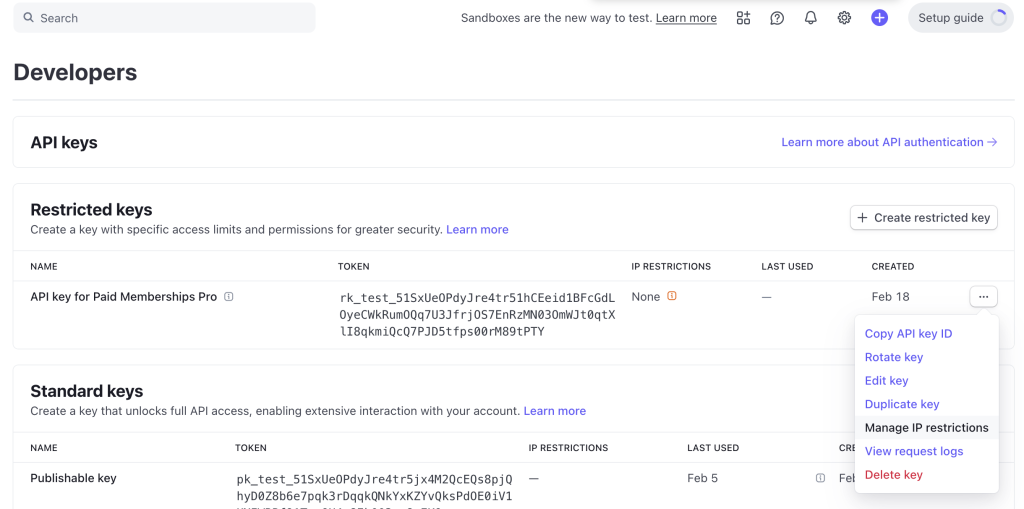 Screenshot of the additional options in Stripe for managing restricted keys in order to select "Manage IP restrictions"