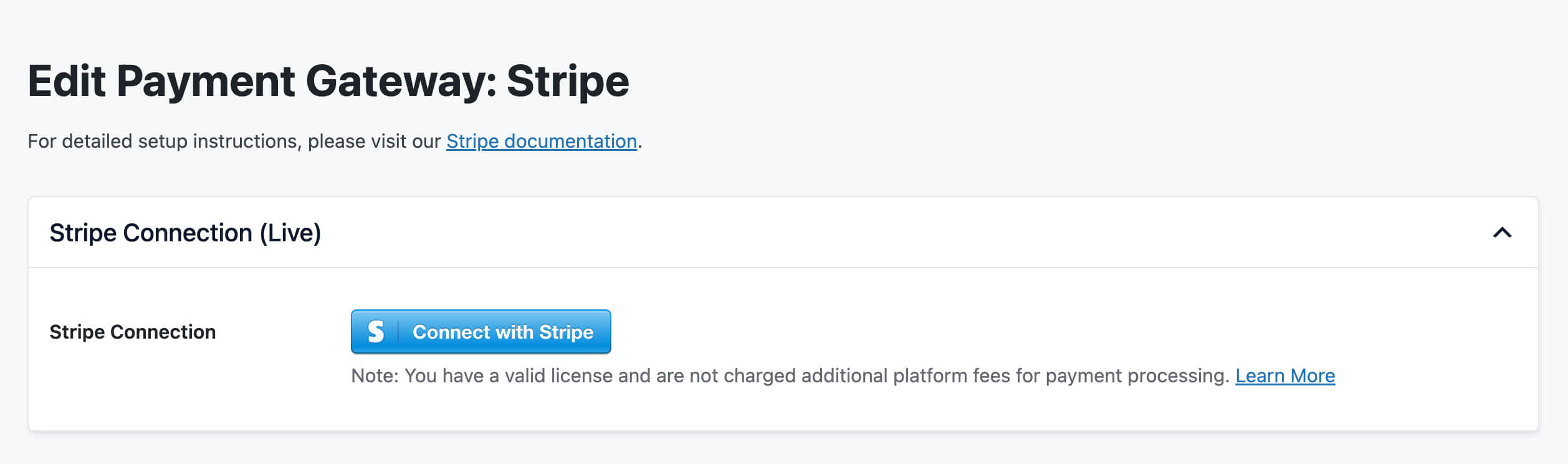 Screenshot of PMPro's Stripe Edit Payment Gateway settings, showing the one-click Connect to Stripe button used to authenticate the destination site against an existing Stripe account.