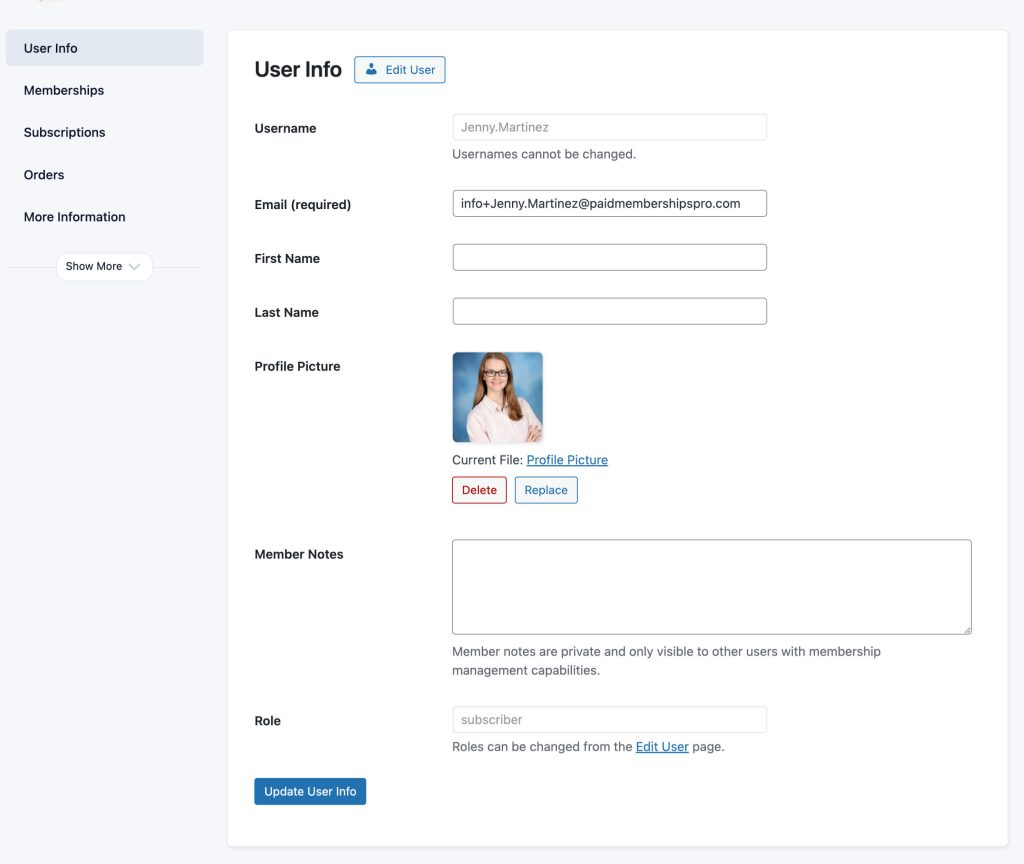 Screenshot of the User Info Panel on the Edit Member screen in Paid Memberships Pro