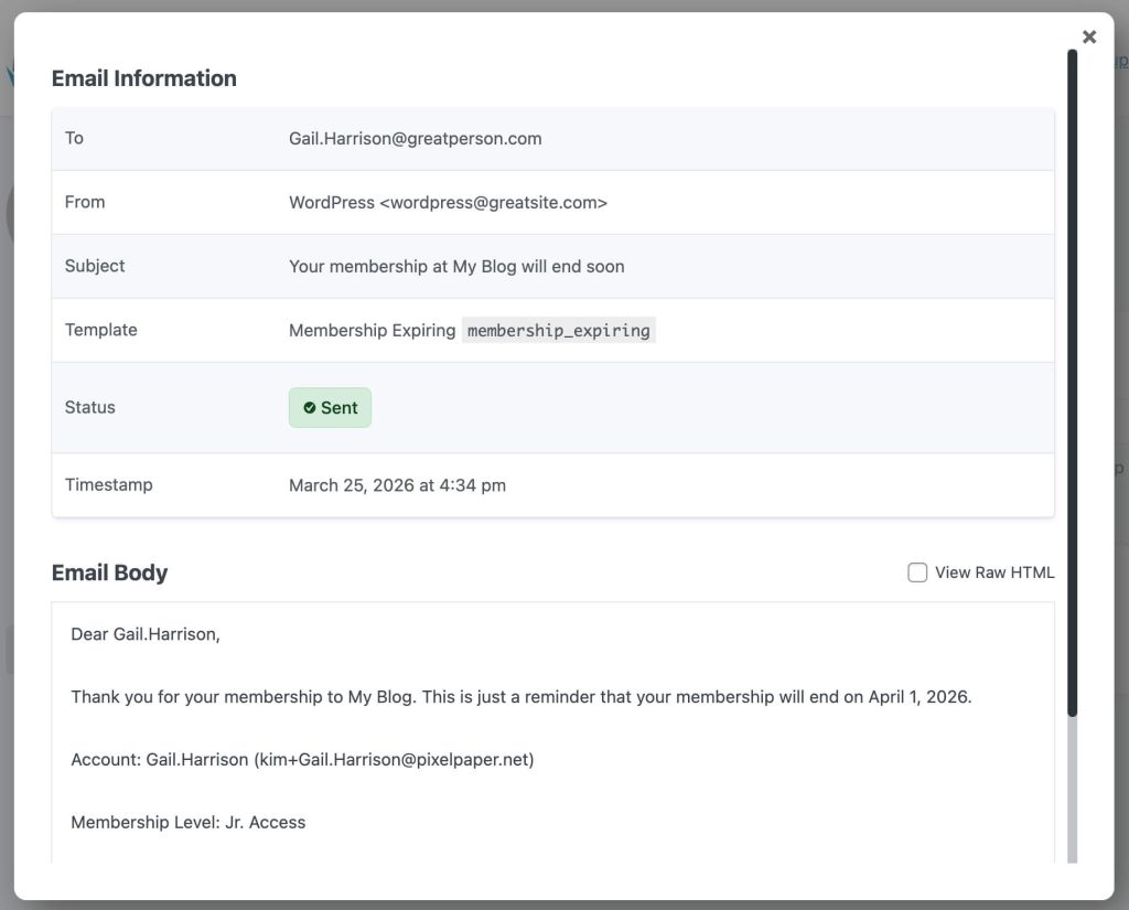 Screenshot of viewing email log details in Paid Memberships Pro