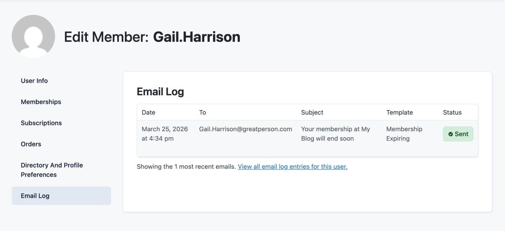Screenshot of the Edit Member Email Log panel in Paid Memberships Pro
