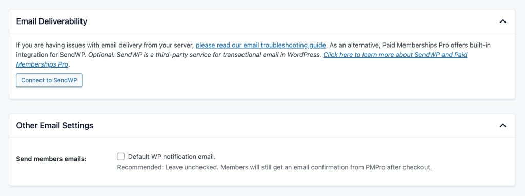 Screenshot of PMPro Email Settings highlighting the Email Deliverability and Other Email Settings sections