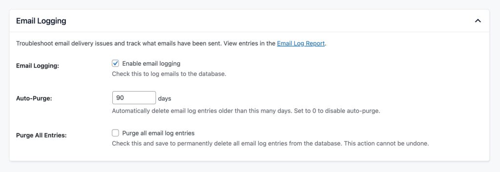 Screenshot of PMPro Email Settings highlighting the Email Logging section