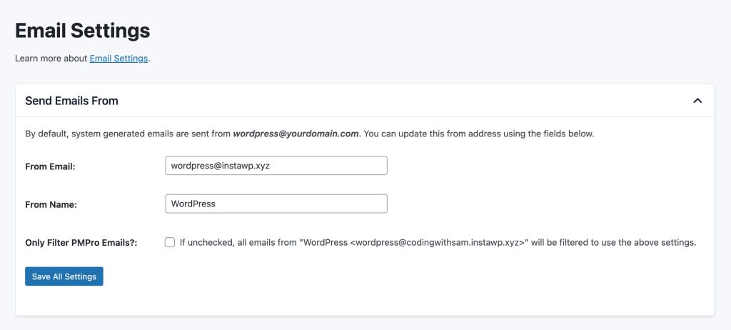 Screenshot of PMPro Email Settings highlighting the "Send Emails From" section