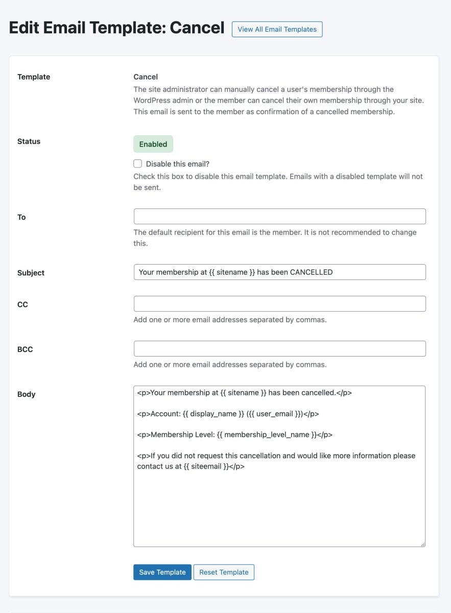 Initials Email Examples PMPro Initial Setup Guide Step 8. Email Templates