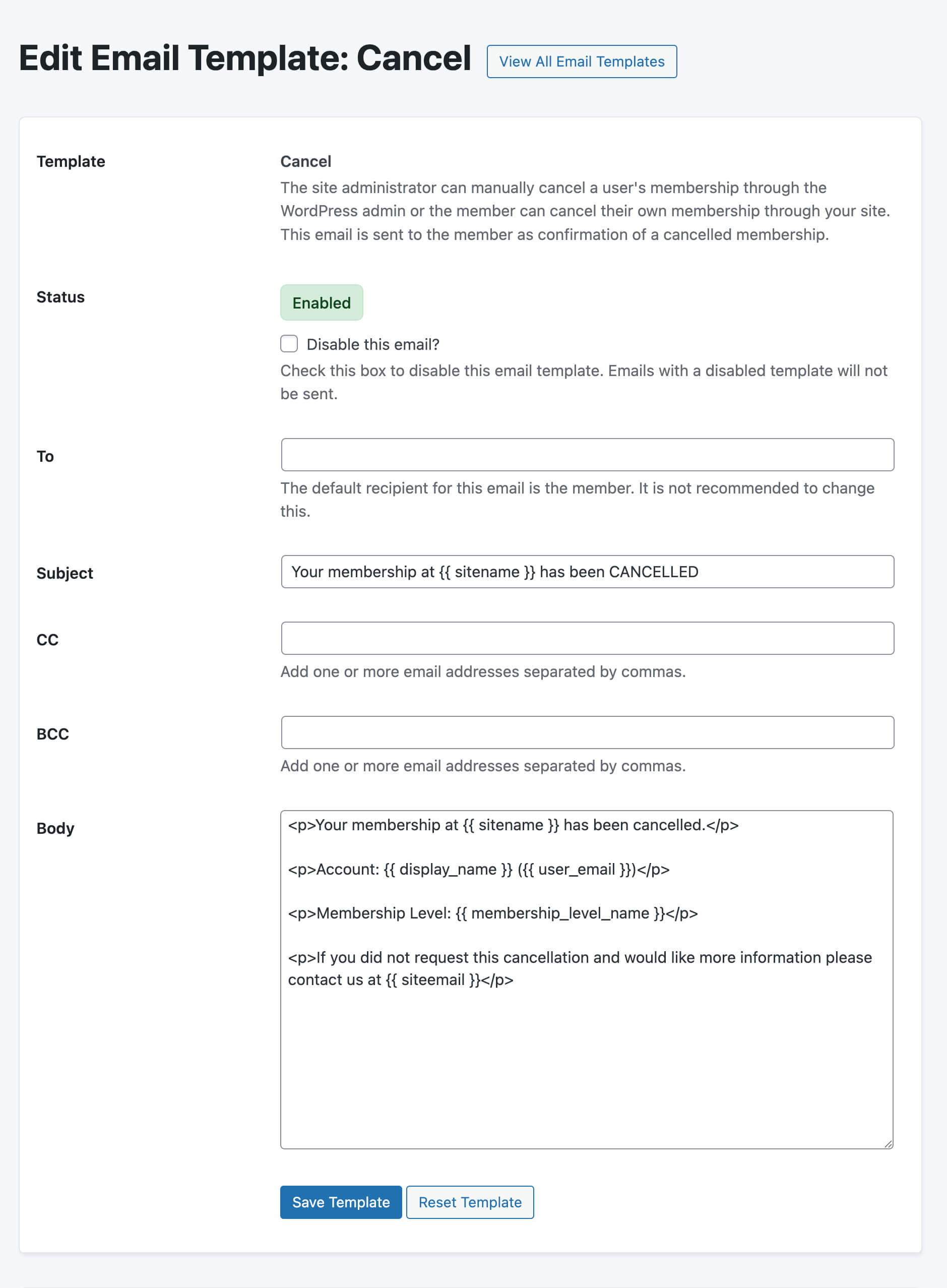 Screenshot of the edit email template for the cancel email in Paid Memberships Pro