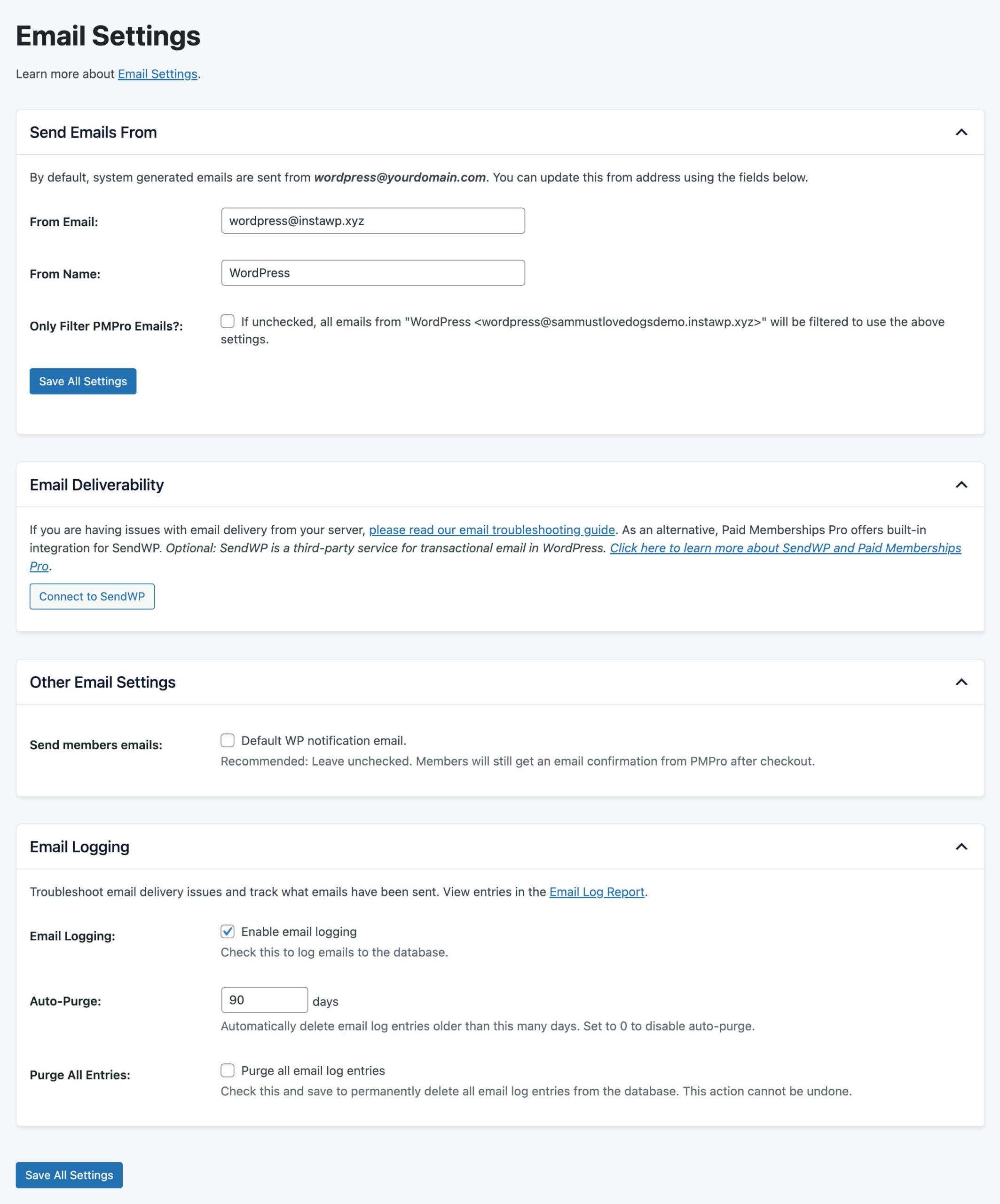 Screenshot of the Email Settings screen in Paid Memberships Pro