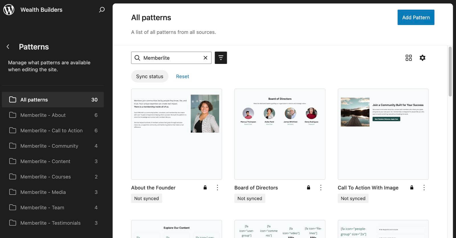 Screenshot of the Appearance > Design > Patterns screen with all Memberlite patterns to browse