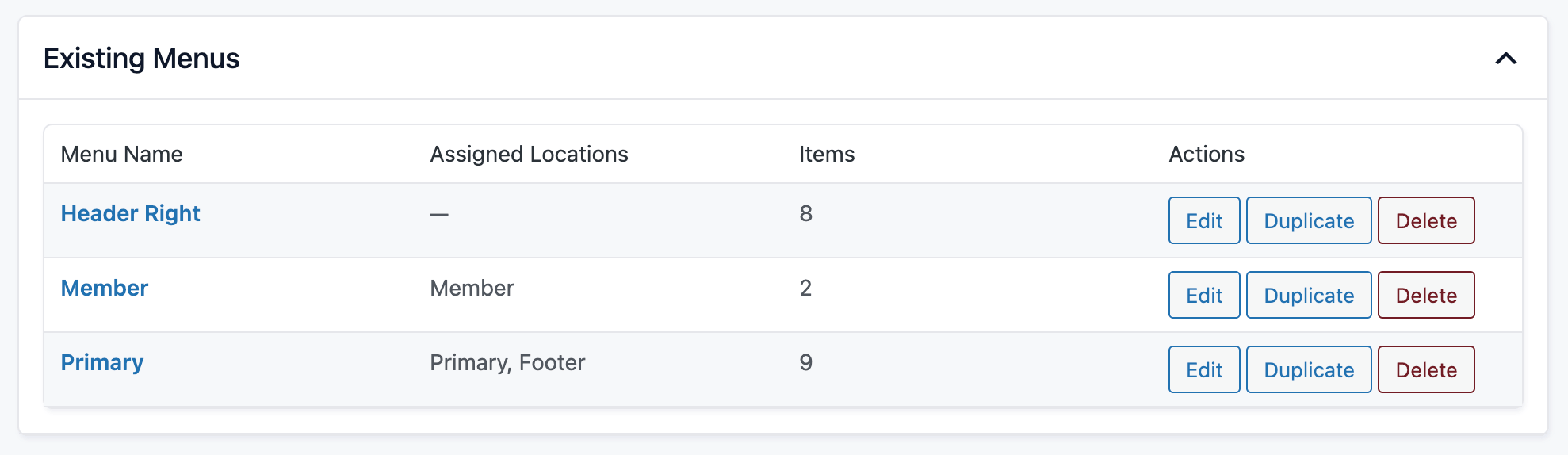 Screenshot of the Memberite > Custom Menus list where you can edit, duplicate, or delete a menu