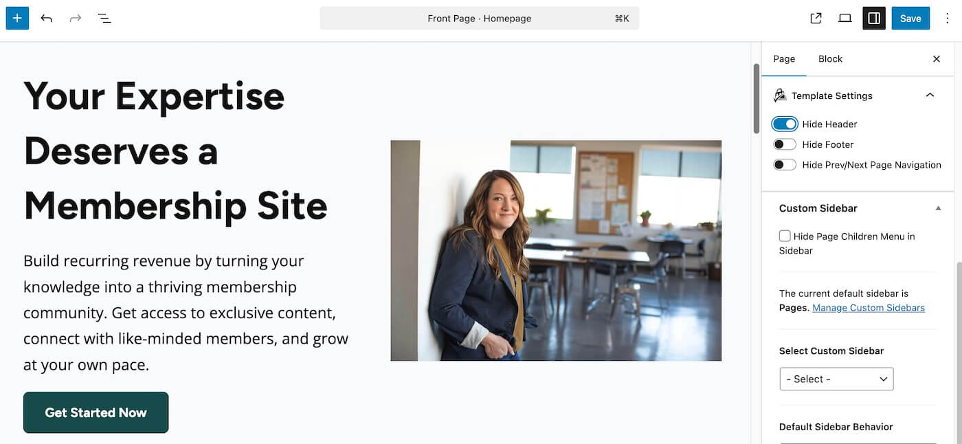 Screenshot of editing a page with the Memberlite theme where you can set to hide or show the header and footer
