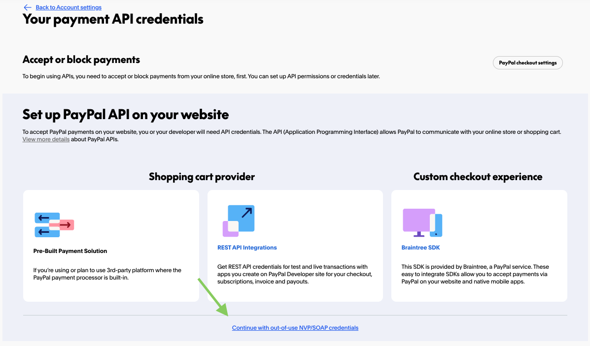Screenshot of PayPal Express setup options to use NVP/SOAP Credentials 