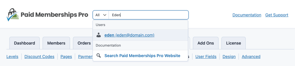 Screenshot of the PMPro admin header showing the quick search bar with a results dropdown