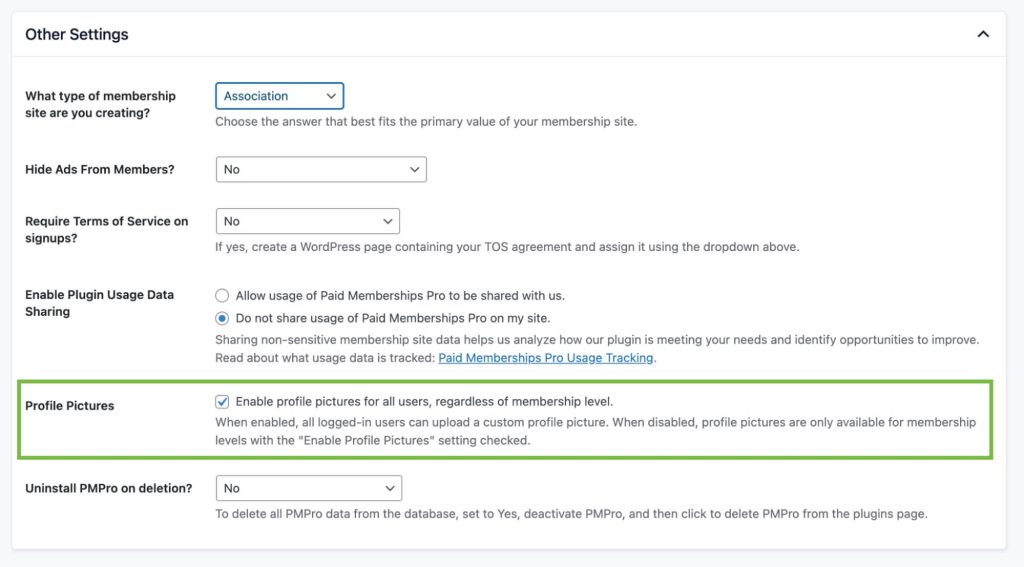 Screenshot of PMPro Advanced Settings highlighting the option to enable Profile Pictures