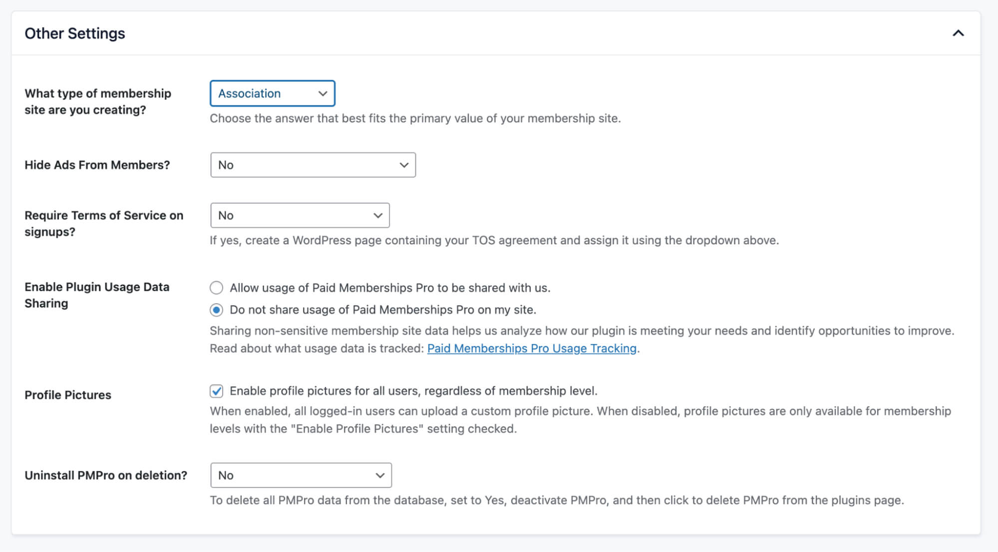 Screenshot of the Advanced Settings "Other Settings" section