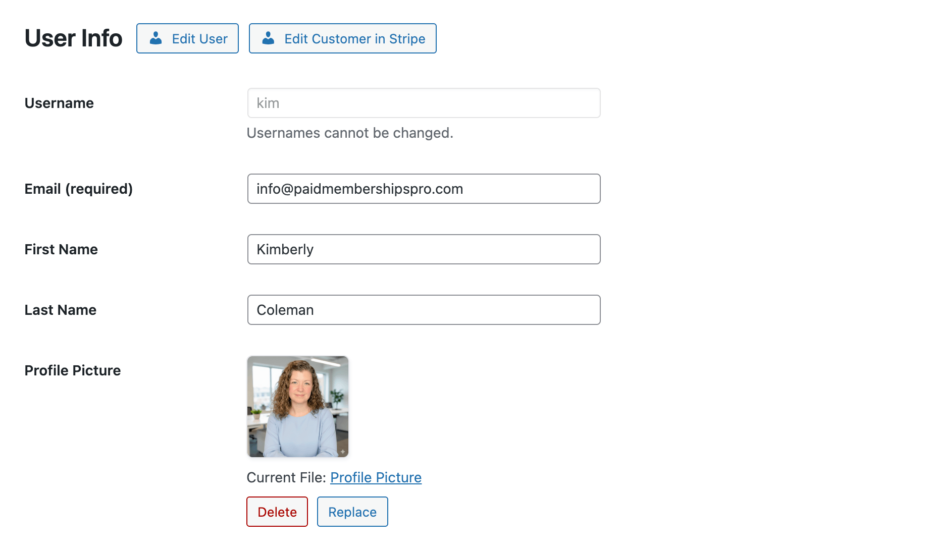 Screenshot of the Edit Member screen where admins can change a member's profile picture