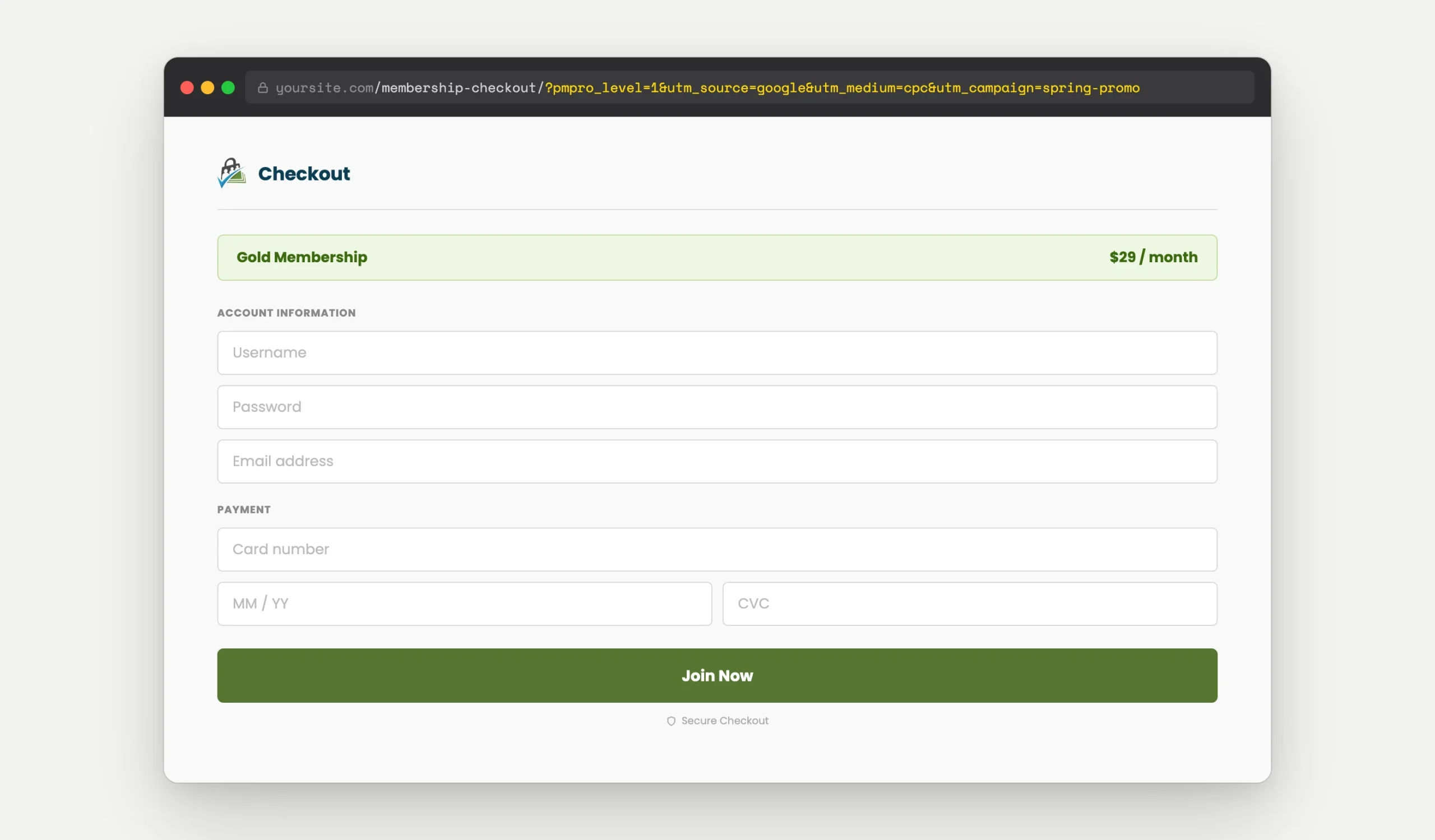 PMPro checkout page in a browser showing UTM parameters in the URL —                                                           
  ?pmpro_level=1&utm_source=google&utm_medium=cpc&utm_campaign=spring-promo