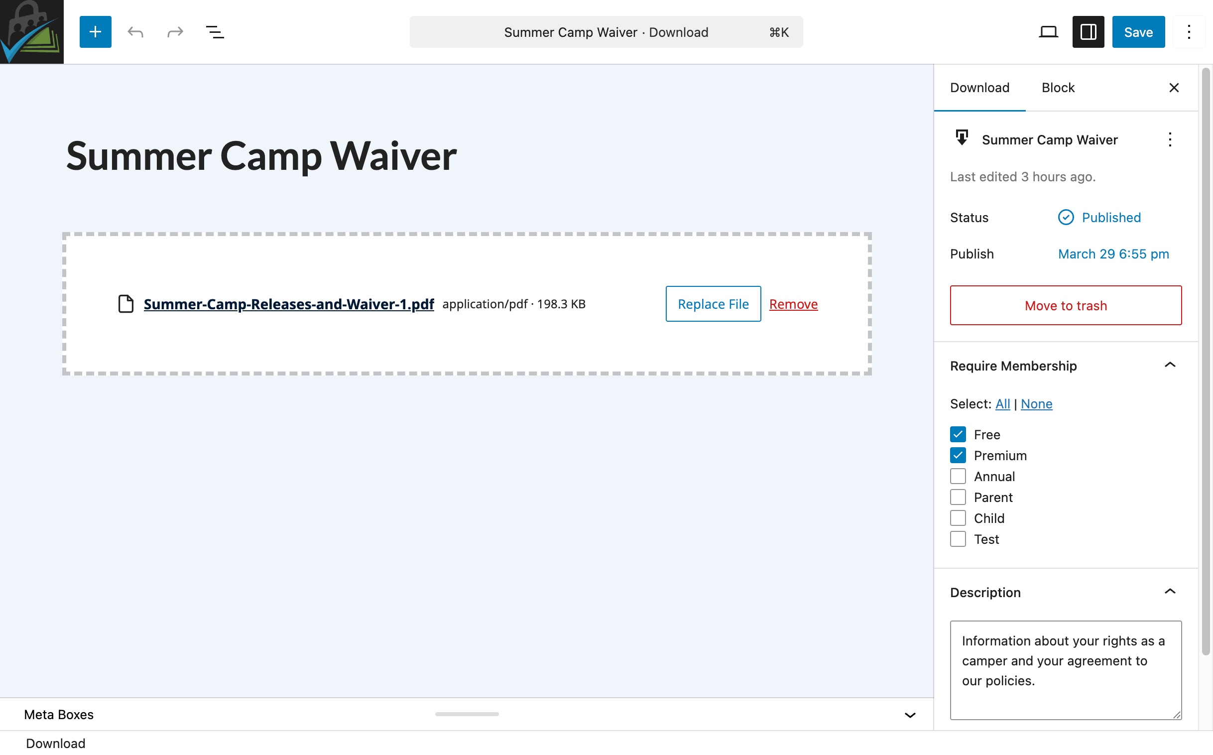 Adding a Download via the WordPress admin to set the file, name, restricted access, and optional description