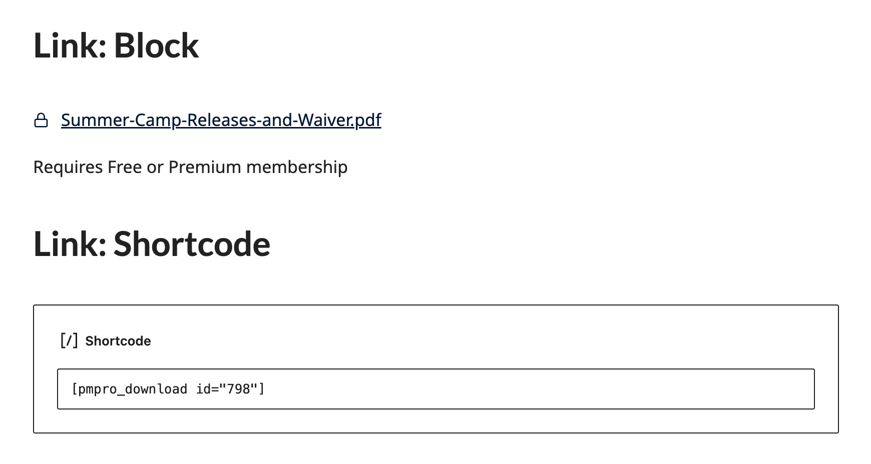 Example of the Downloads "Link" template style in the block editor as a block or shortcode