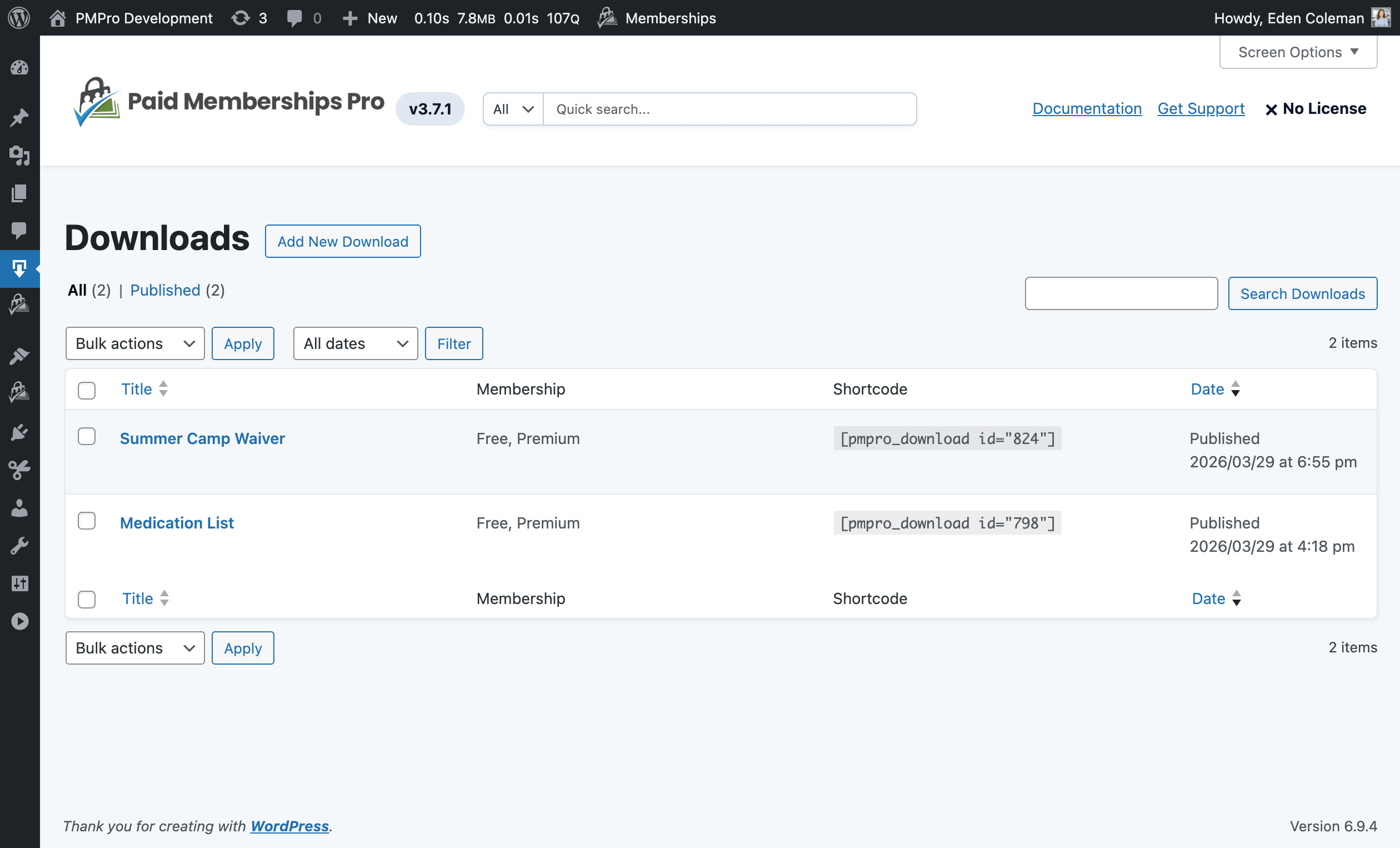 Downloads Add On - List table view of all downloads and their protection settings