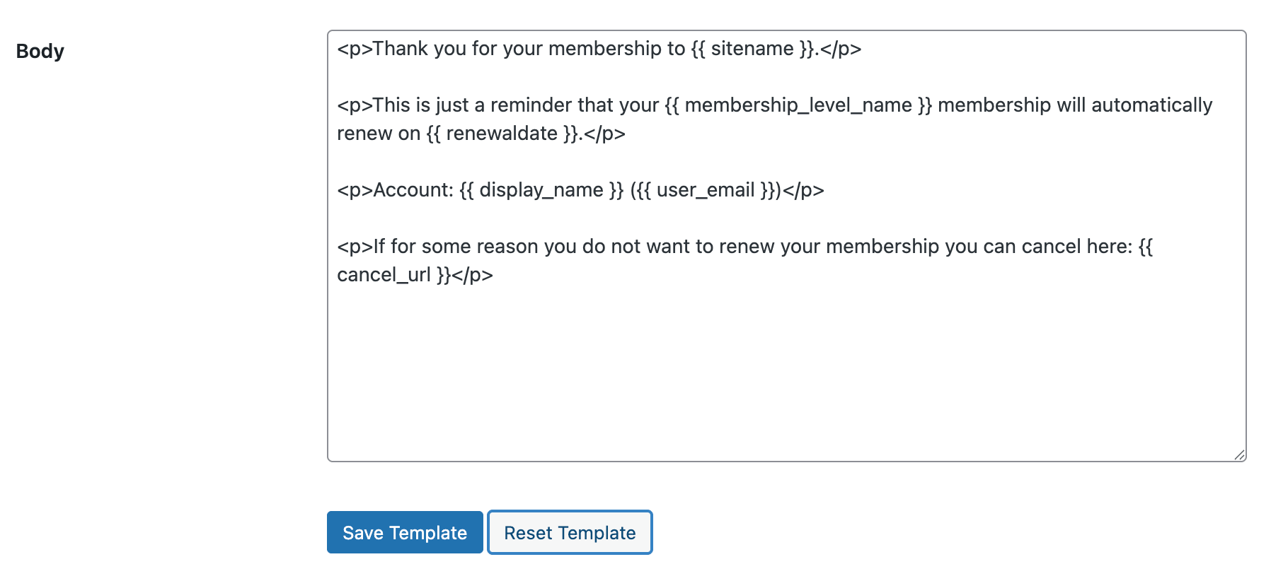 Screenshot of the email template editor showing a template body with Liquid syntax