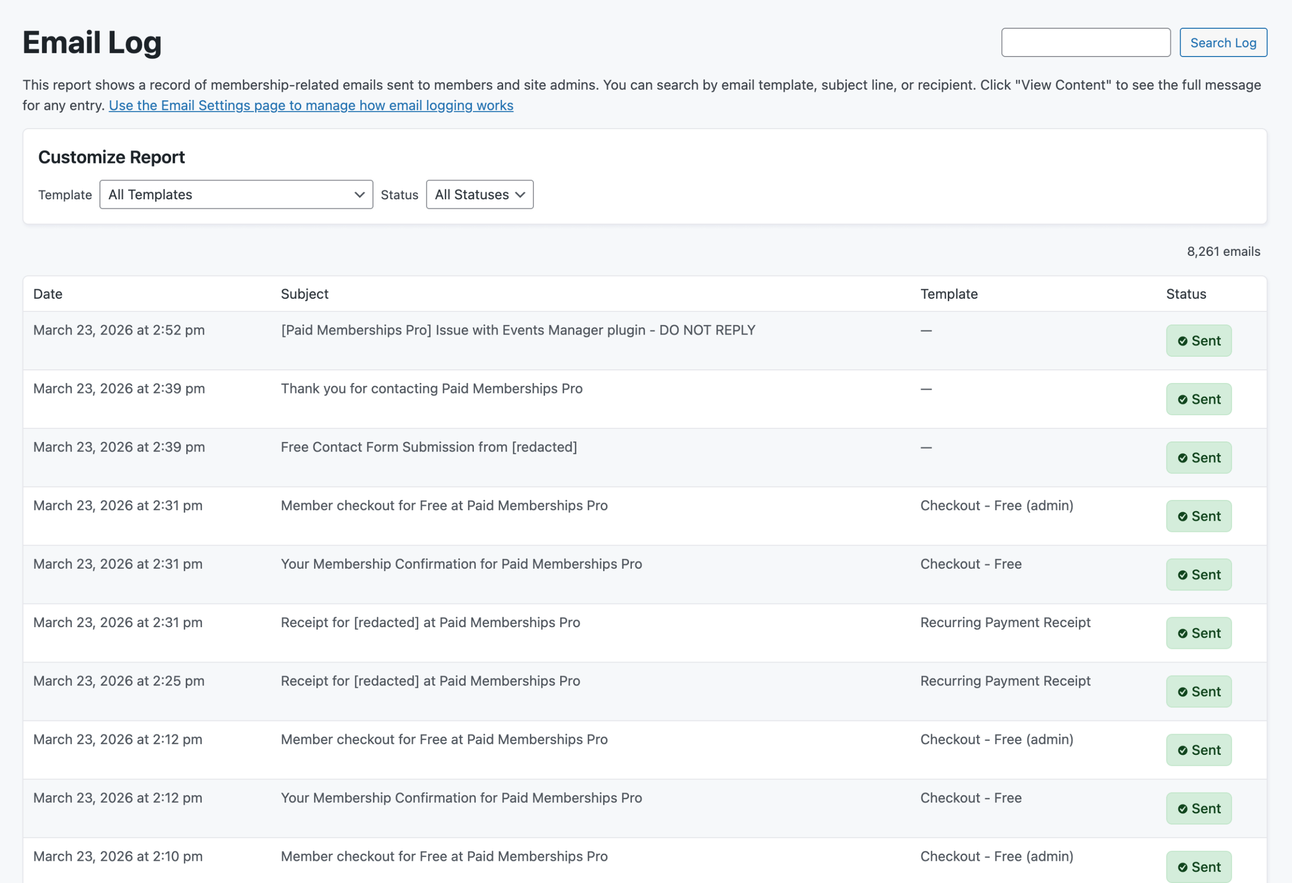 Screenshot of the PMPro Email Log report showing all WordPress emails captured in the log