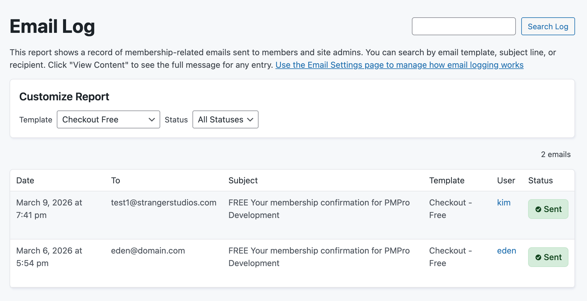 Screenshot of the Email Log report page showing the list of logged emails with To, Subject, Status, and Timestamp columns