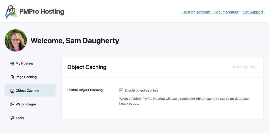 Screenshot of the PMPro Hosting Object Caching Panel