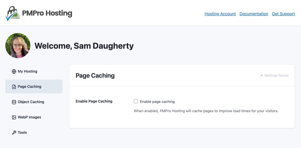 Screenshot of the PMPro Hosting Page Caching Panel