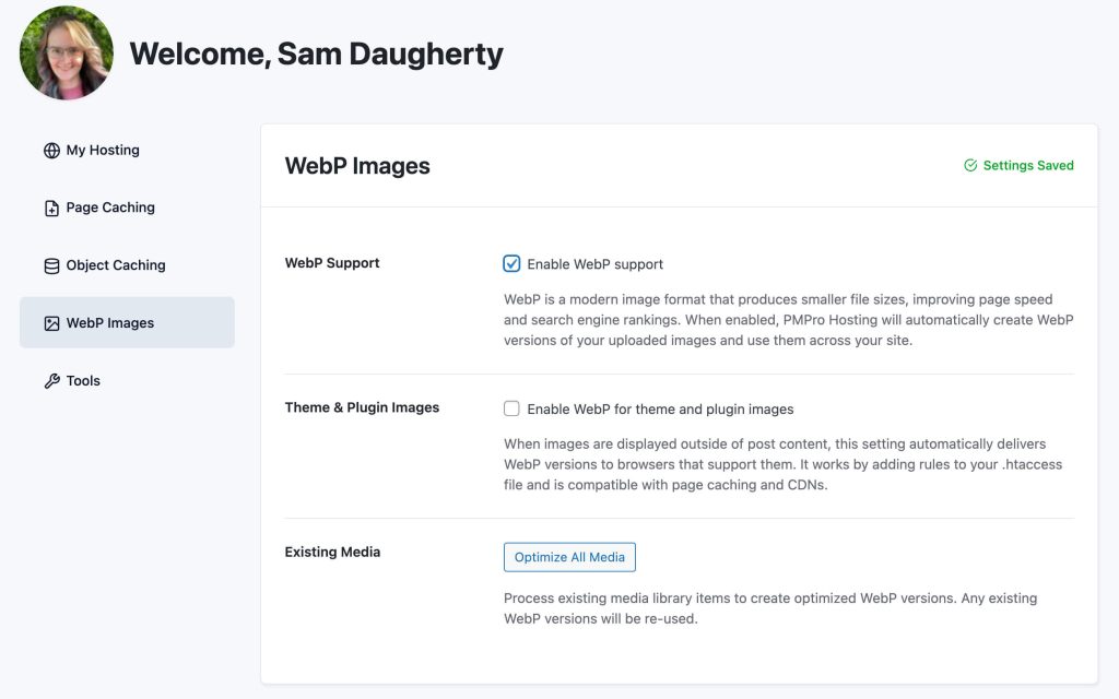 Screenshot of the PMPro Hosting WebP Images Panel