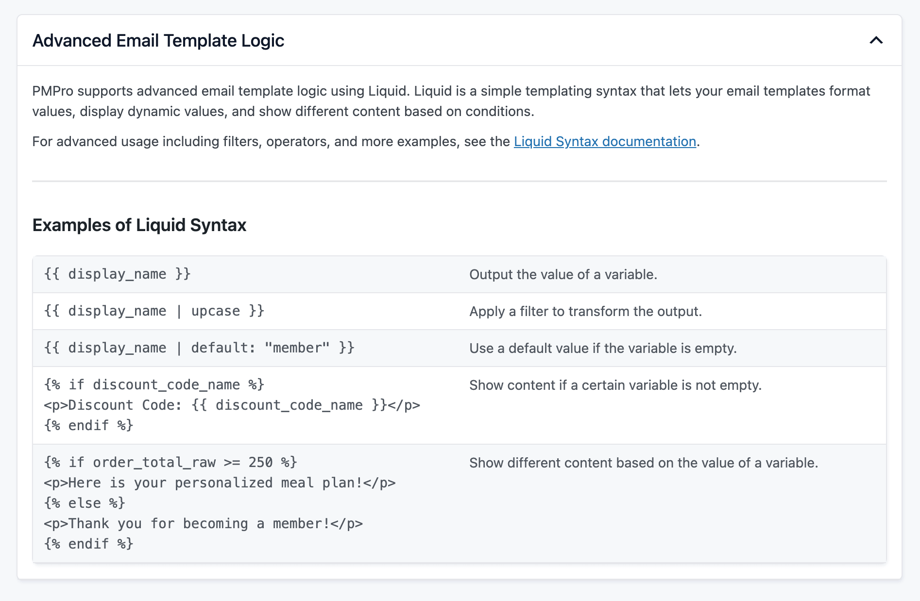 Screenshot of the variable reference with liquid variables