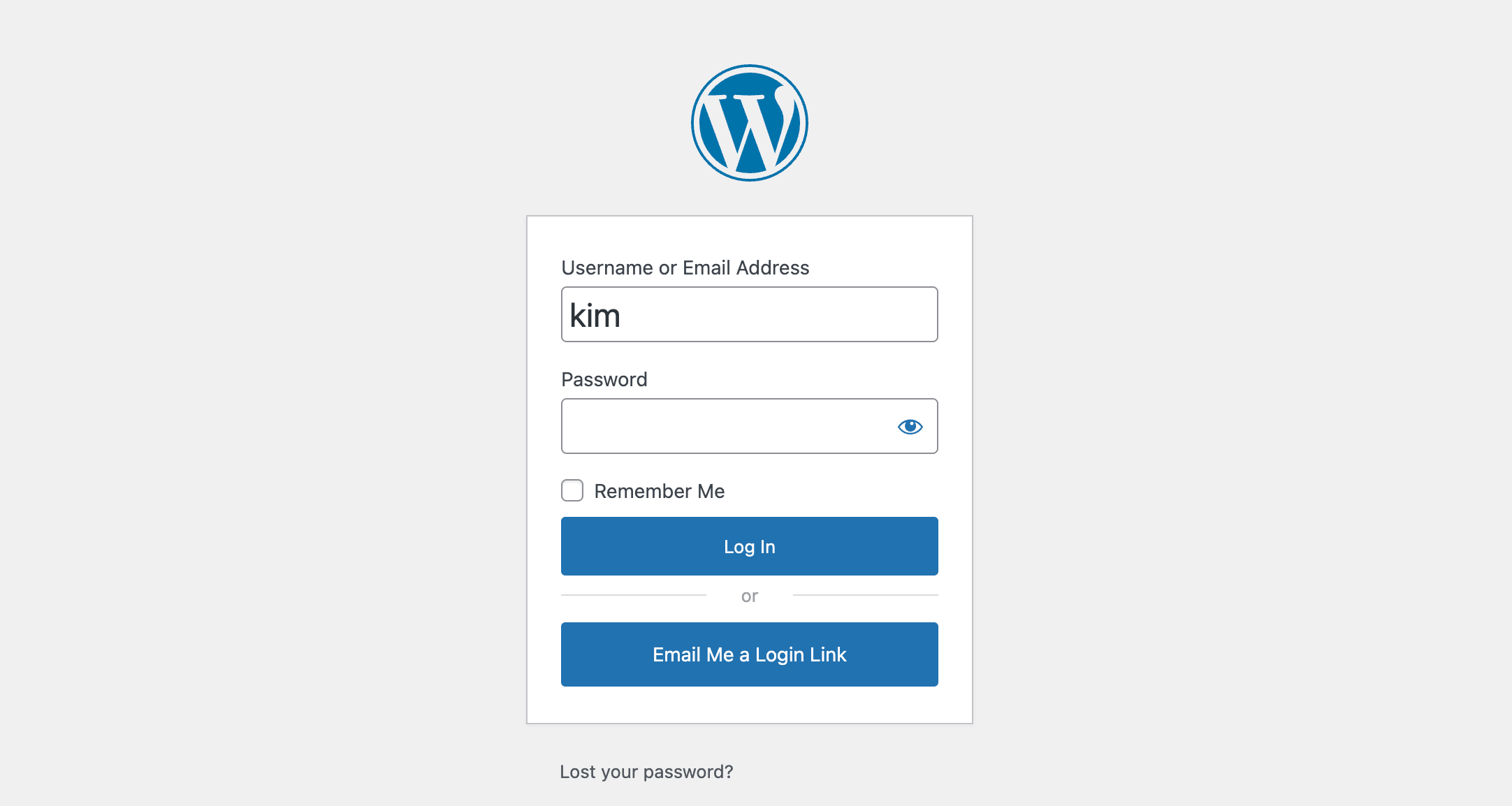 Default WordPress wp-login.php login form with the "Email Me a Login Link" button displayed below the standard login form fields