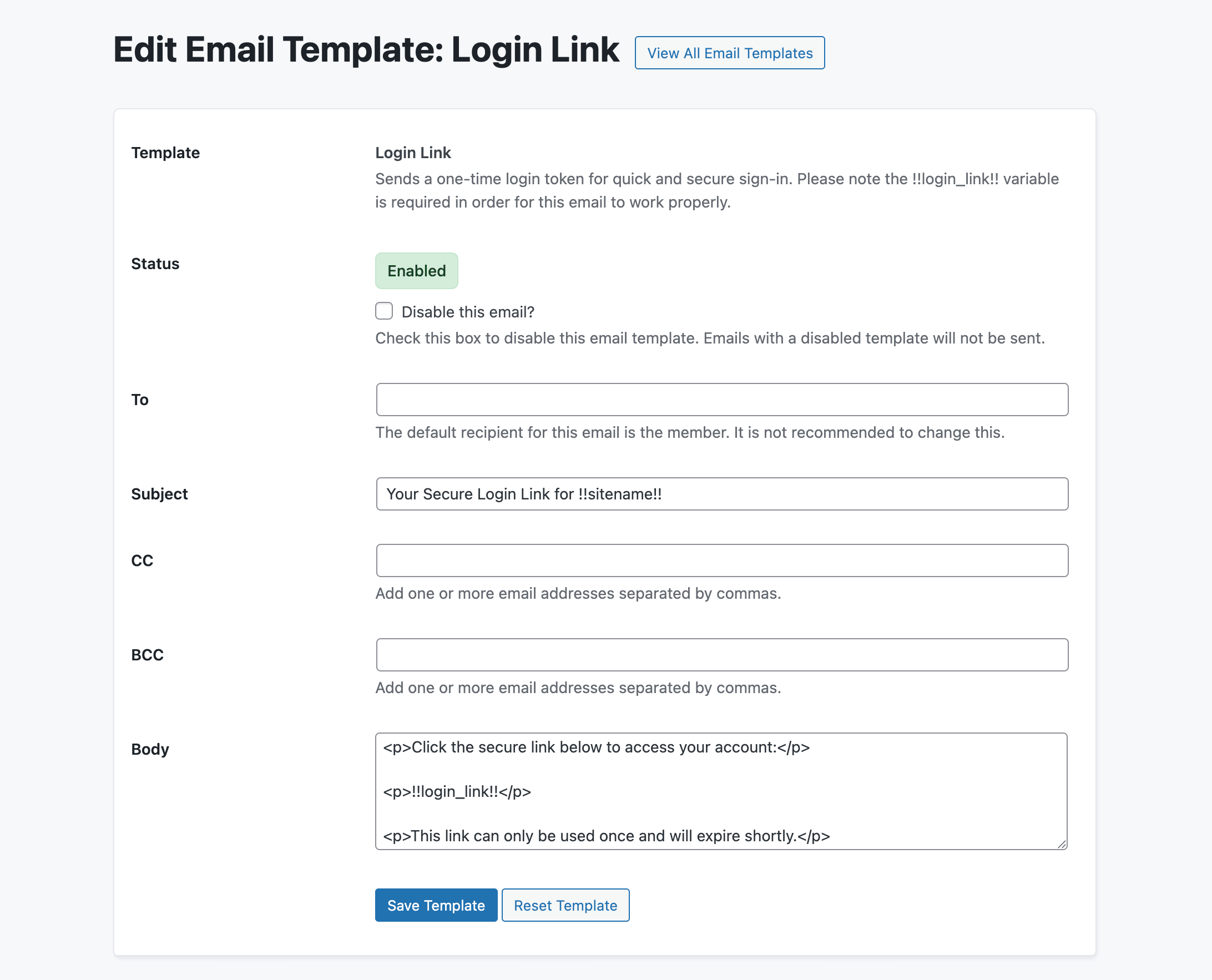 Login Link email template open in Memberships > Settings > Email Templates, showing the subject field and body with the !!login_link!! variable