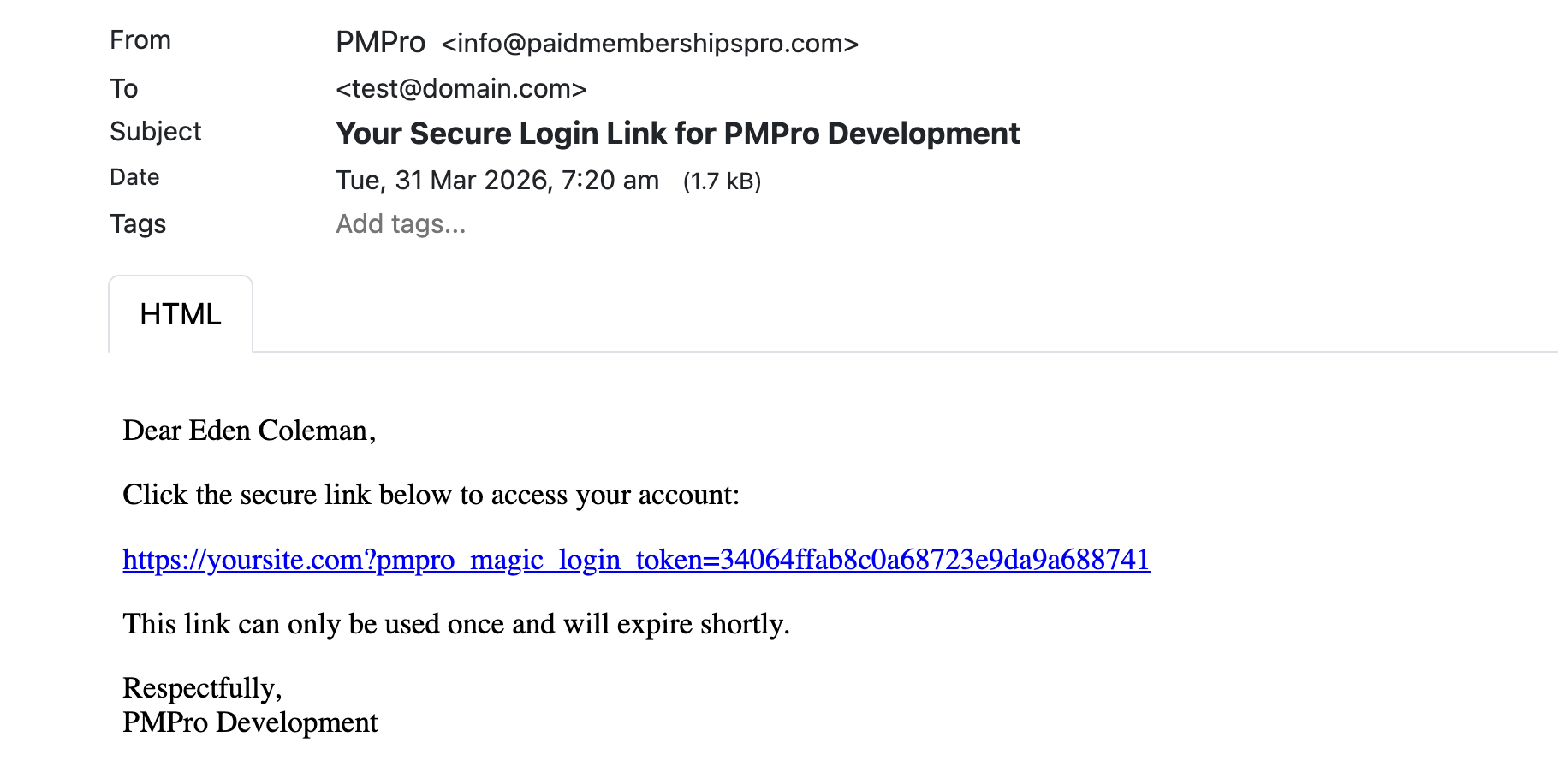 Login Link email sent to a member after requesting a passwordless login