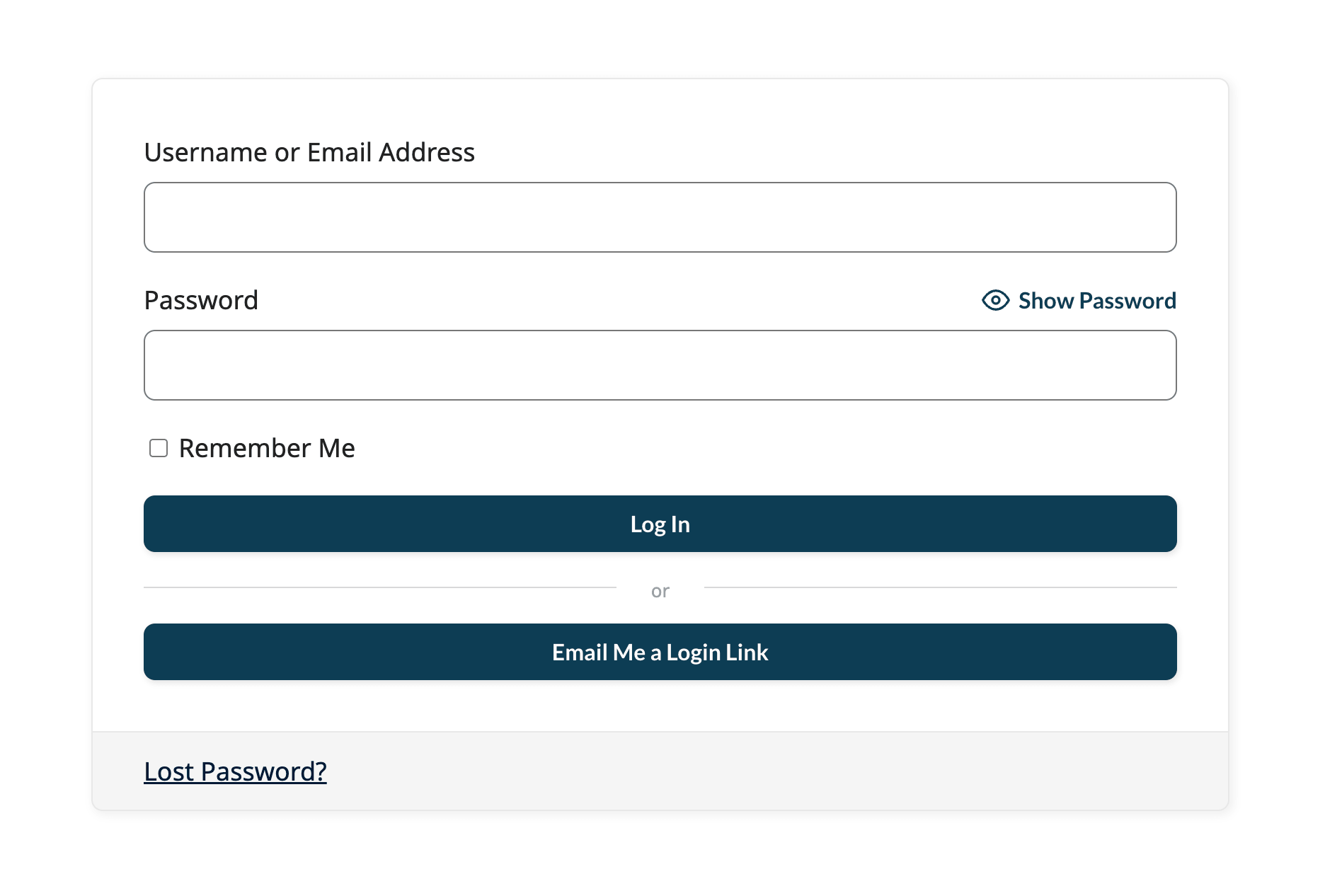PMPro login form with the "Email Me a Login Link" button displayed below the standard username and password fields