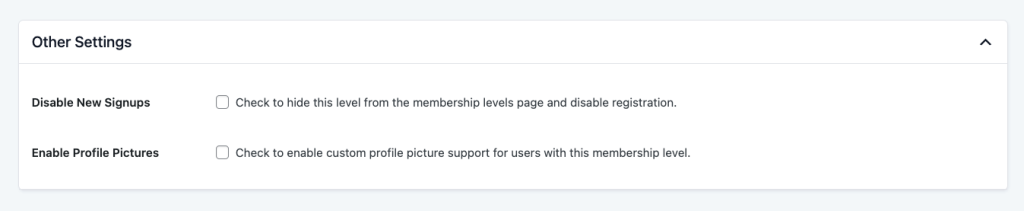 Screenshot of Other Settings within Paid Memberships Pro Edit Level Settings