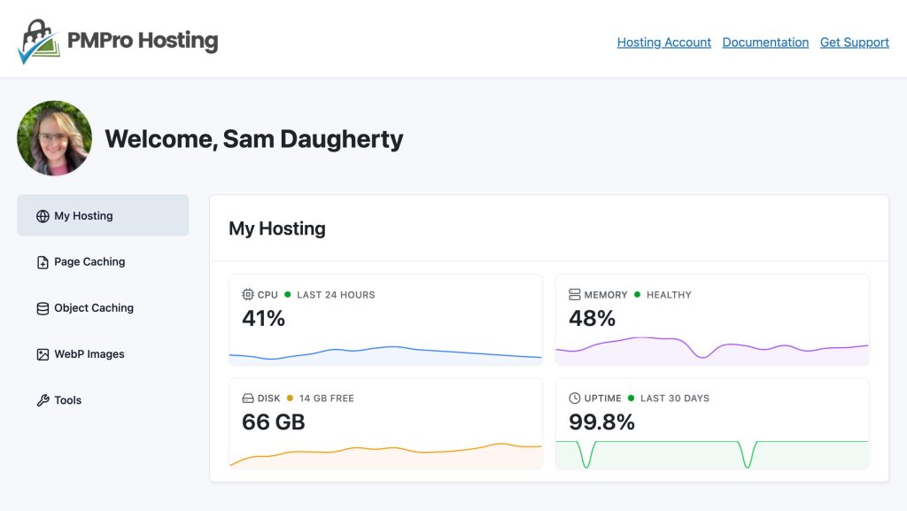 Screenshot of the PMPro Hosting My Hosting Panel